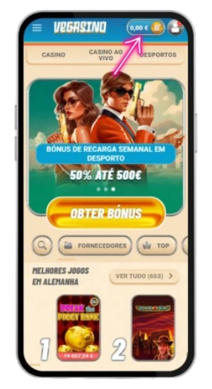 Seta indicando o botão de depósito na interface do Vegasino Casino.