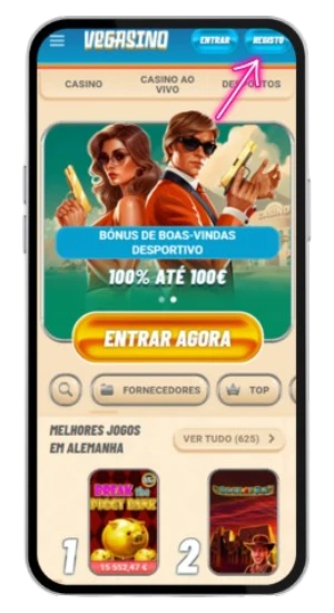 Setas indicando o botão de Registo na interface móvel do Vegasino Casino