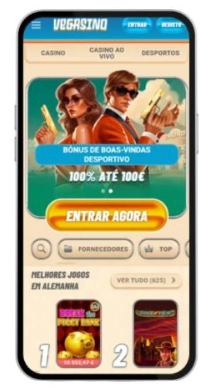 Página inicial do Vegasino Casino mostrando o bónus de boas-vindas