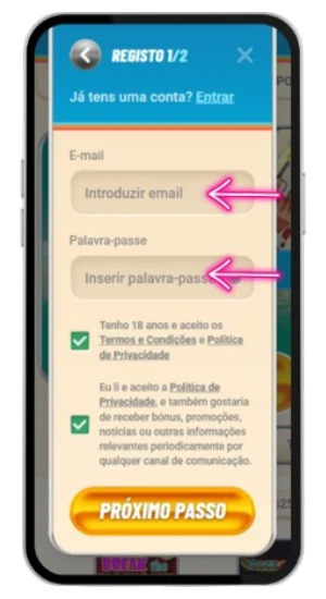 Setas indicando os campos de e-mail e palavra-passe de Vegasino Casino.