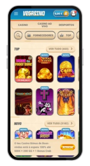 Acesso ao menu lateral e visualização de slots no Vegasino Casino.