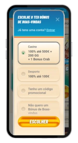 Janela pop-up para escolher o bónus de boas-vindas no Vegasino Casino