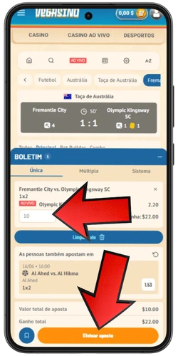 Boletim de aposta no Vegasino Bet - confirmação da aposta