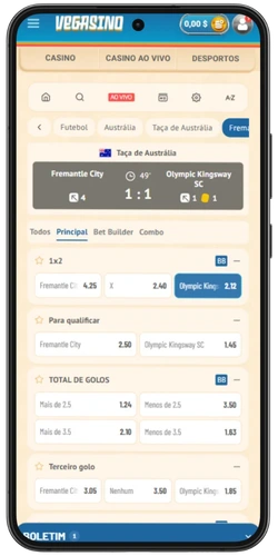 Mercados de apostas disponíveis numa partida no Vegasino Bet