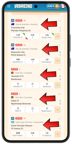 Seleção de odds e coeficientes para apostas no Vegasino Bet